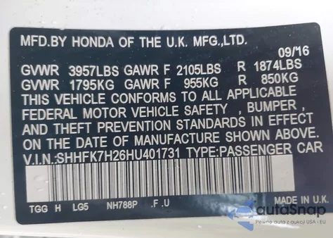 2017 Honda Civic Lx из США, поврежденный, VIN SHHFK7H26HU401731